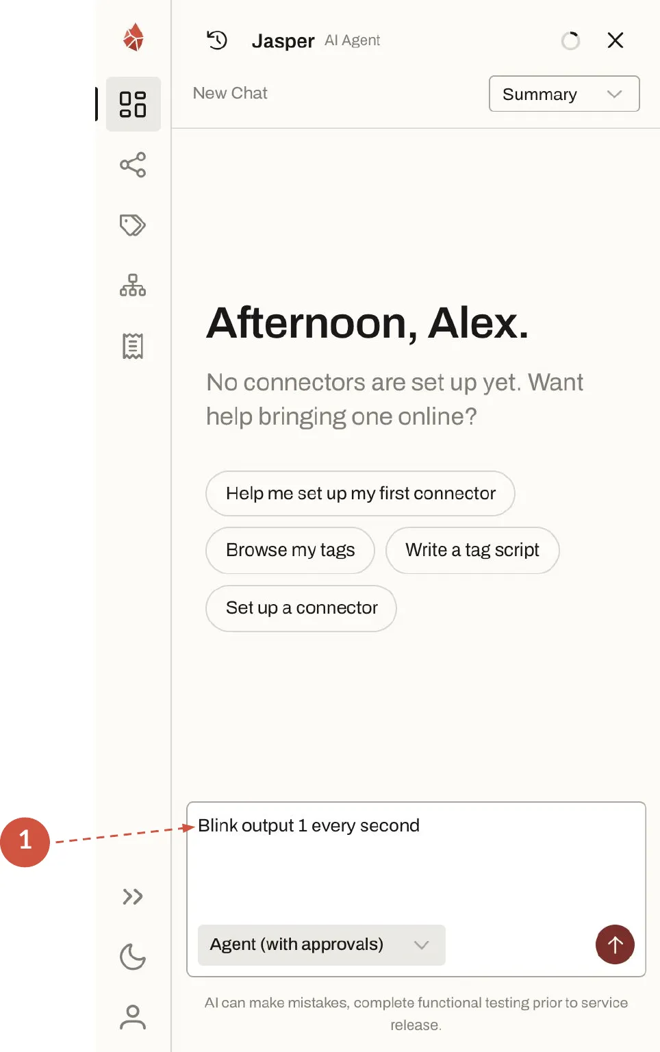 The Jasper AI agent chat panel with the prompt "Blink output 1 every second" typed into the message box, the mode set to Agent (with approvals), and the send button beside it.