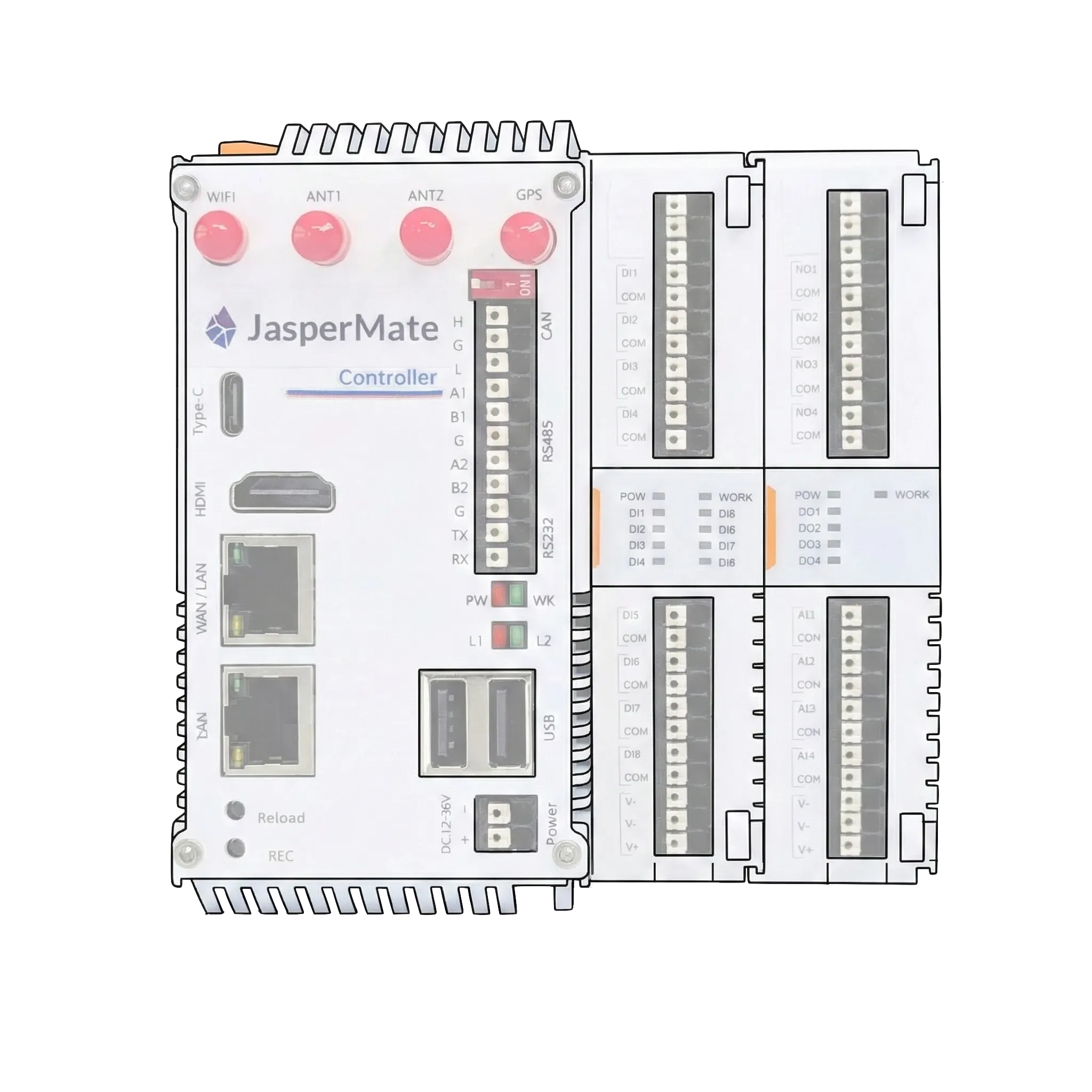 Front view of the JasperMate base unit showing the terminal layout: CAN, RS485 and RS232 terminals, WAN/LAN ports, USB, and the DI, relay and analog input blocks