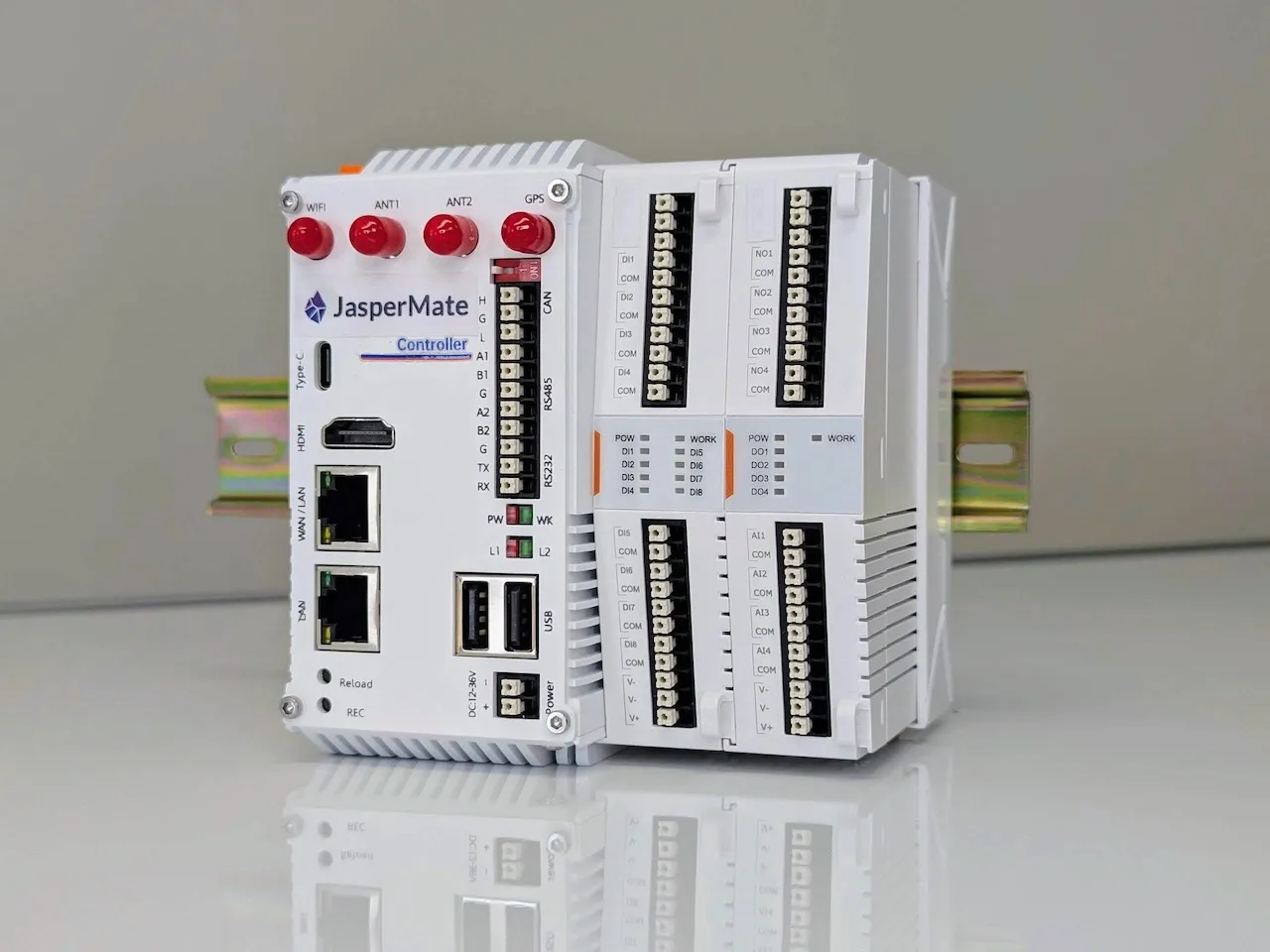 JasperMate base unit with onboard I/O modules clipped onto a 35mm DIN rail