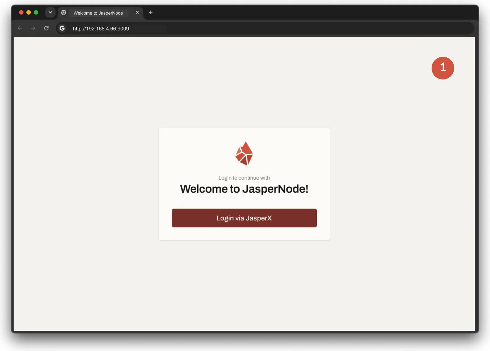 The JasperNode welcome screen in a browser, asking to log in to continue, with a Login via JasperX button.
