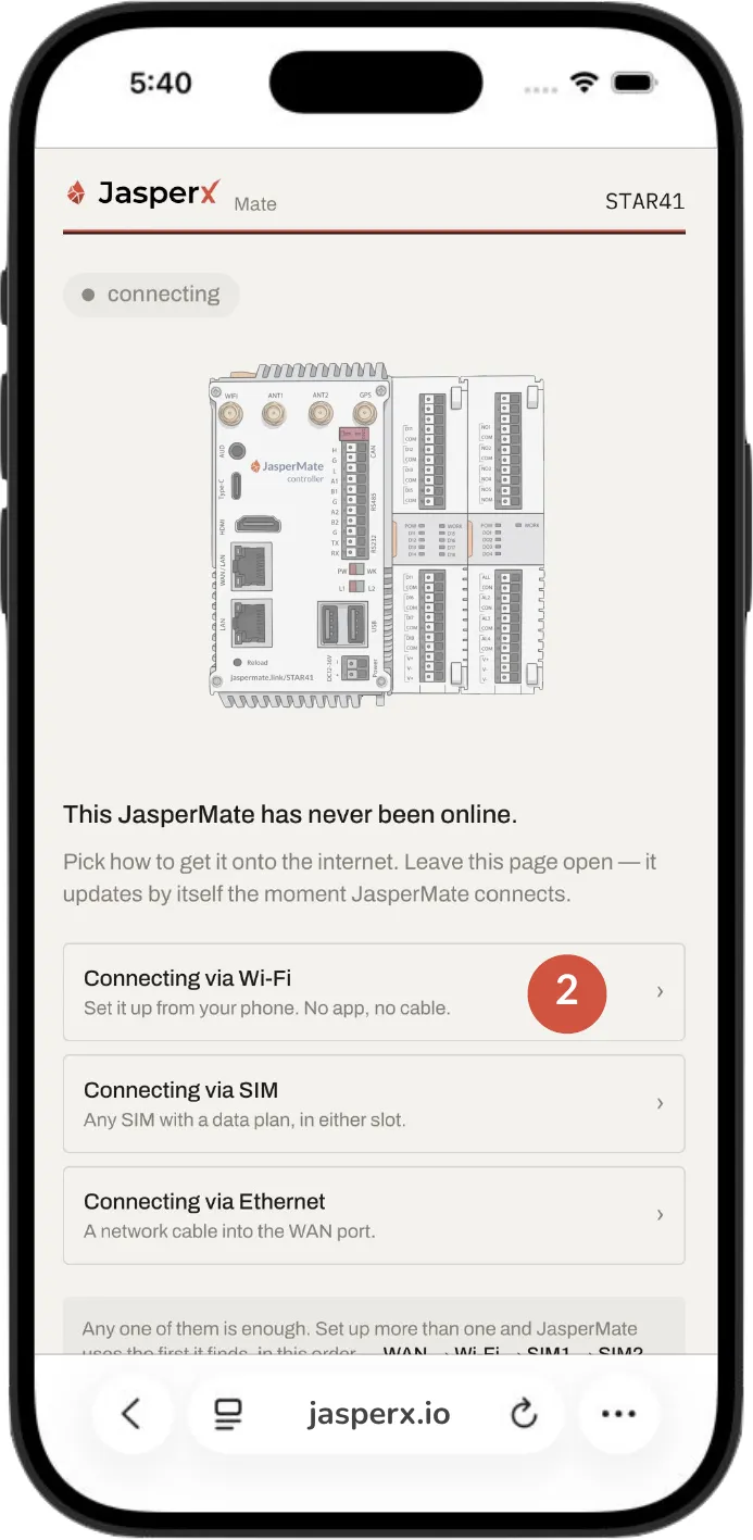 The setup page on a phone: the device shows as connecting, with three ways to bring it online — Wi-Fi set up from the phone, a SIM with a data plan in either slot, or a network cable into the WAN port — and a callout on the Wi-Fi option.
