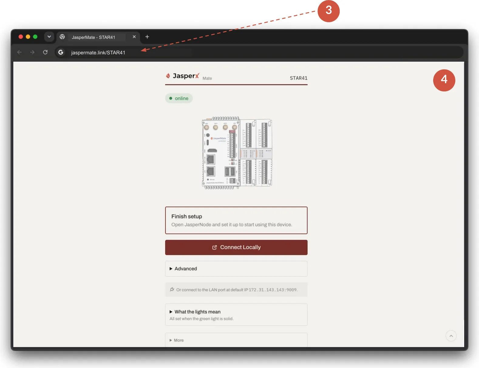The setup page reopened in a desktop browser after the device comes online, offering Connect Locally to finish setup in JasperNode, with the default LAN IP shown underneath.